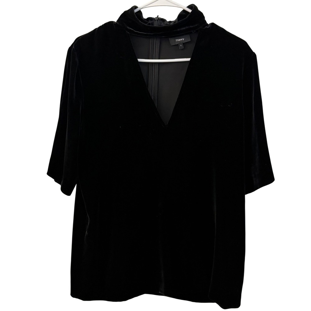 Theory Velvet Mock Neck V Neck Slit Collar Blouse Top Black Size S - Picture 1 of 5